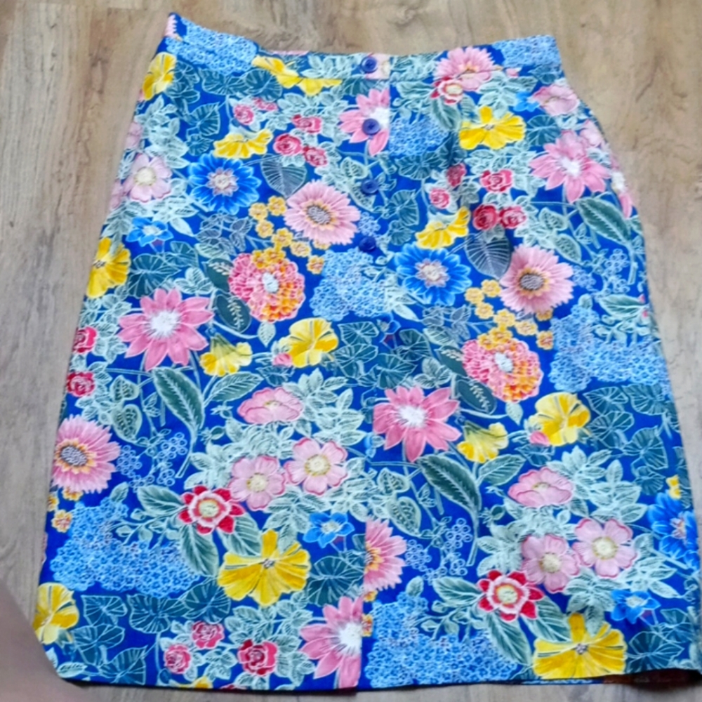 Talbots Blue Floral A-Line Skirt with Pink & Yellow Flowers